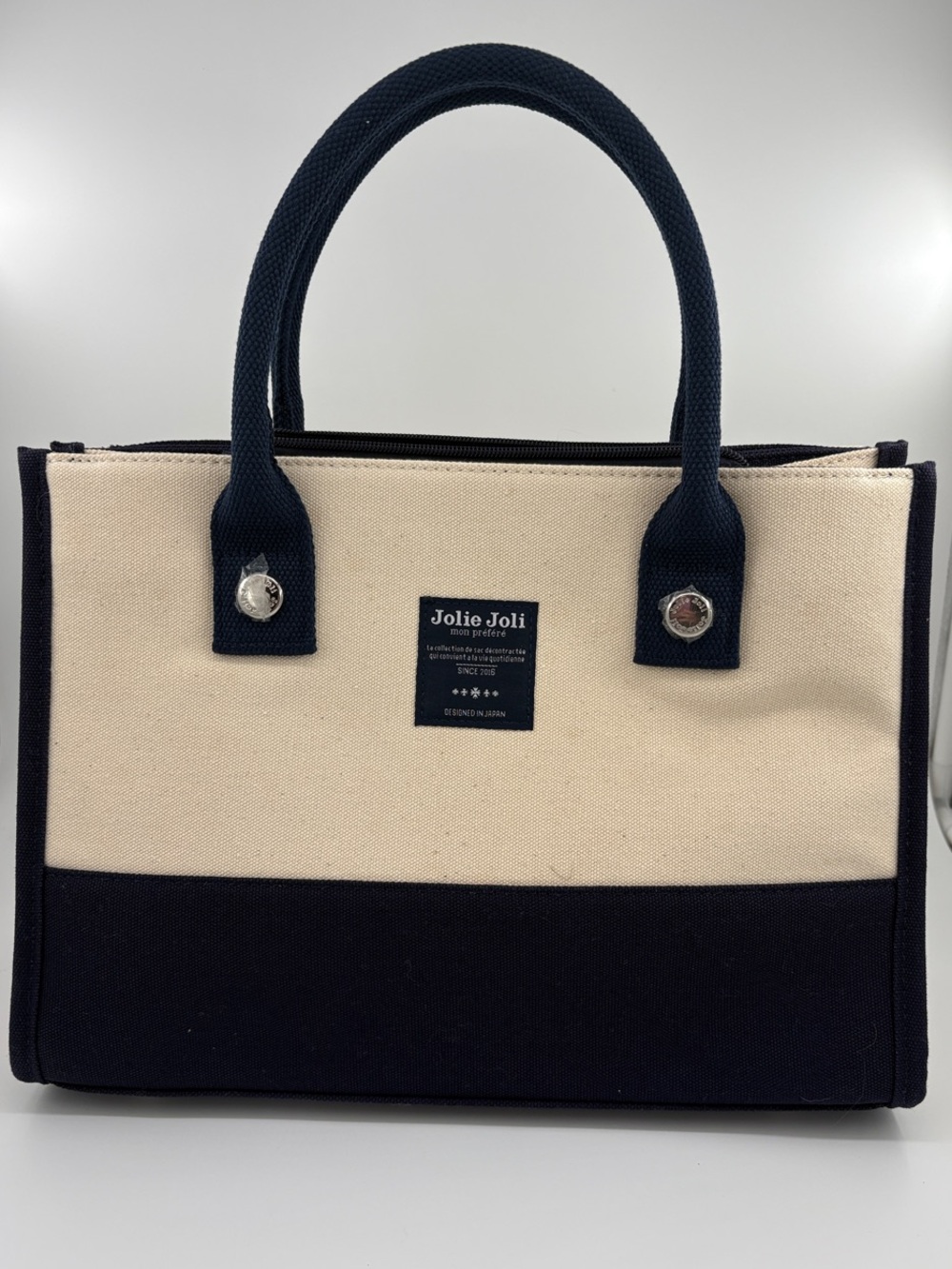 Jolie Two-Tone Canvas Tote in Cream and Navy